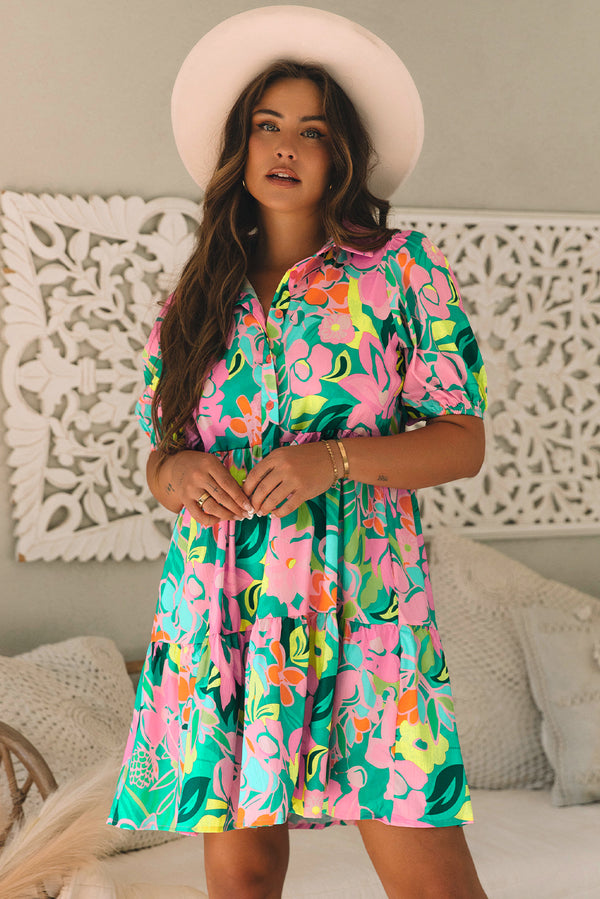 Robe femme floral, boutonnée, manches bouffantes — vert