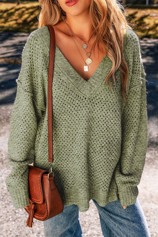 Pull femme épaules tombantes, col V, ample — vert