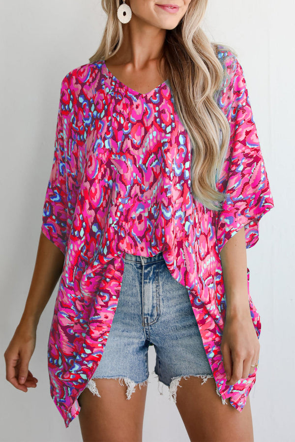 Blouse femme manches 3/4, col V, ample — rose