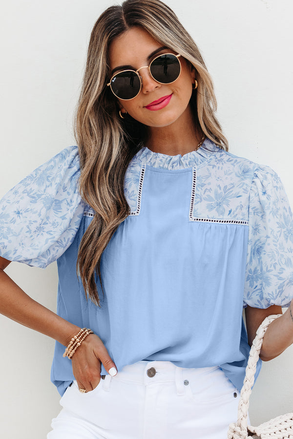 Blouse femme floral, patchwork, manches bouffantes, ample — bleu ciel
