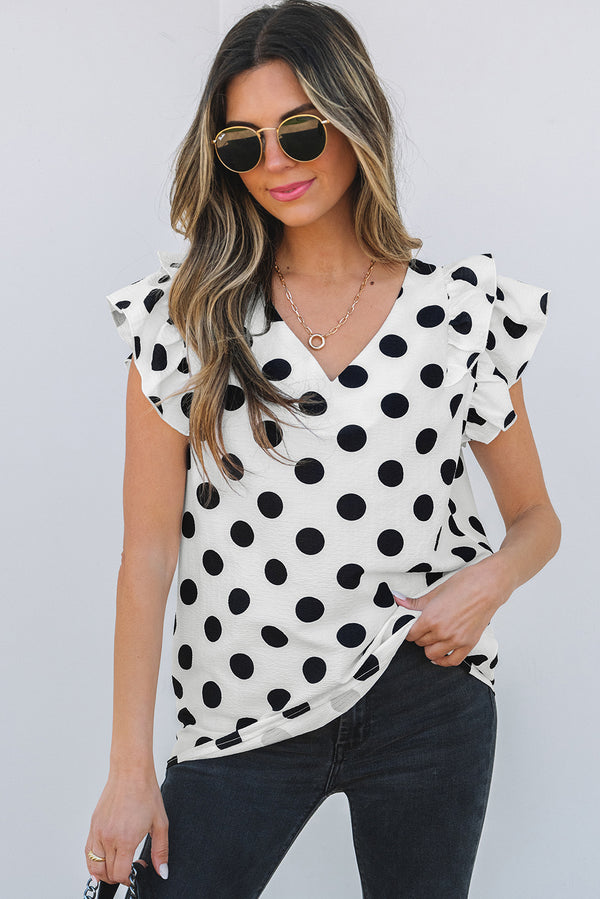 Blouse femme pois, à volants, col V — blanc