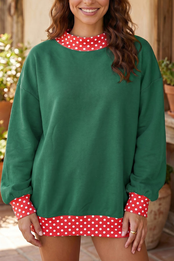 Sweat femme pois, oversized, bordure contrastée, colorblock — vert foncé