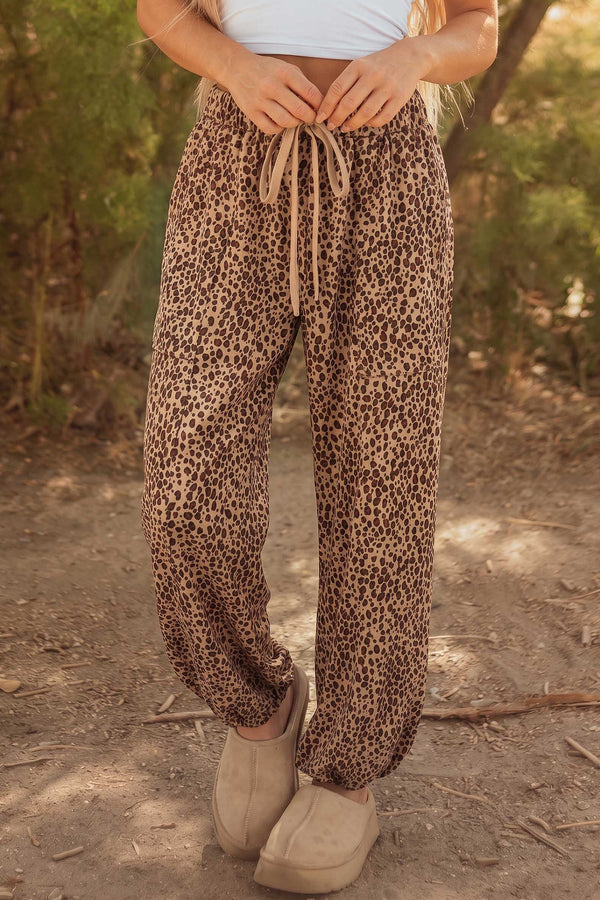 Pantalon femme léopard, à cordon, poches — kaki