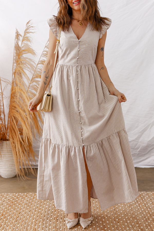 Robe longue femme rayé, boutonnée, maxi — kaki