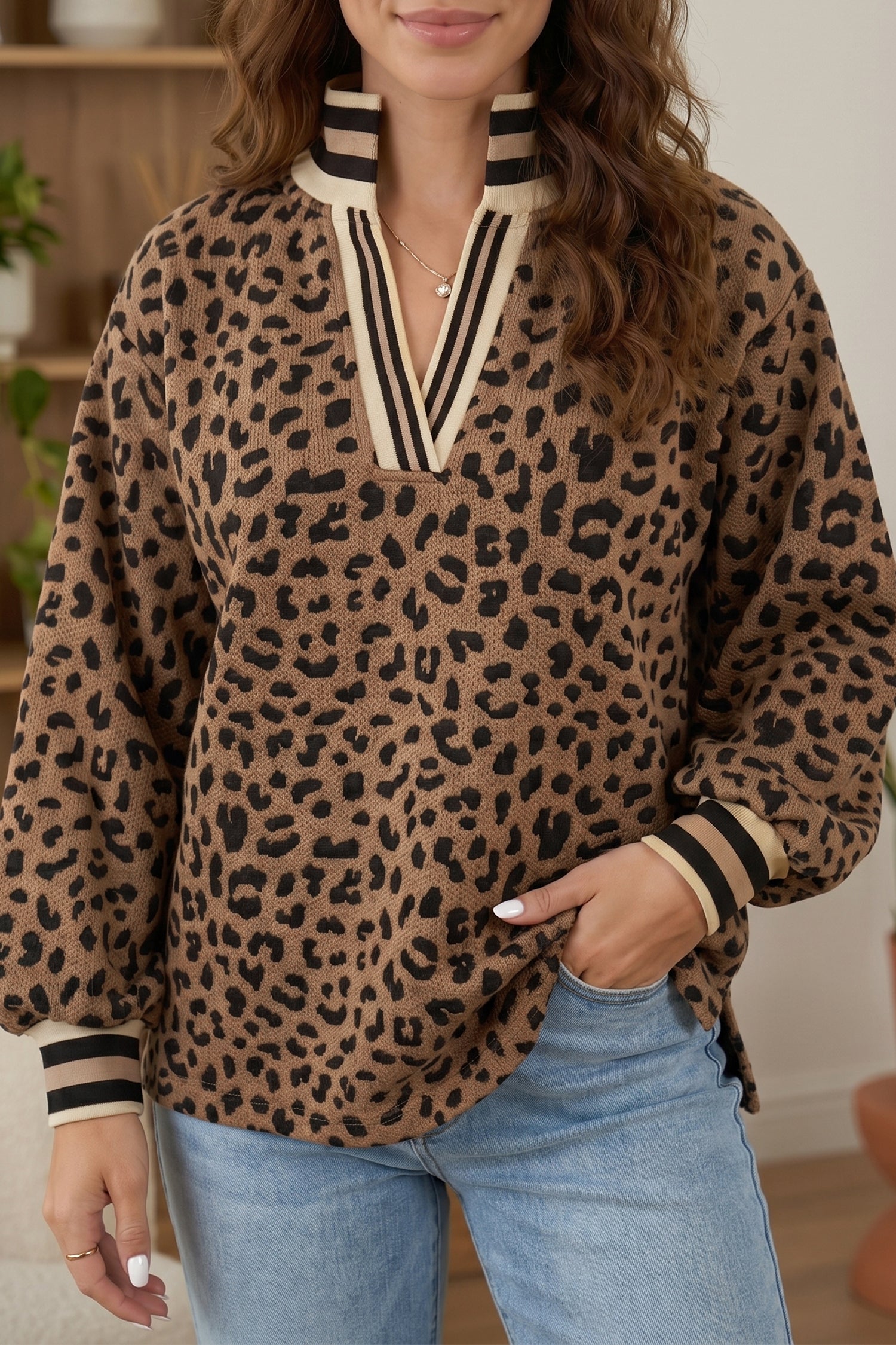 Pull femme léopard, rayé, manches longues — marron