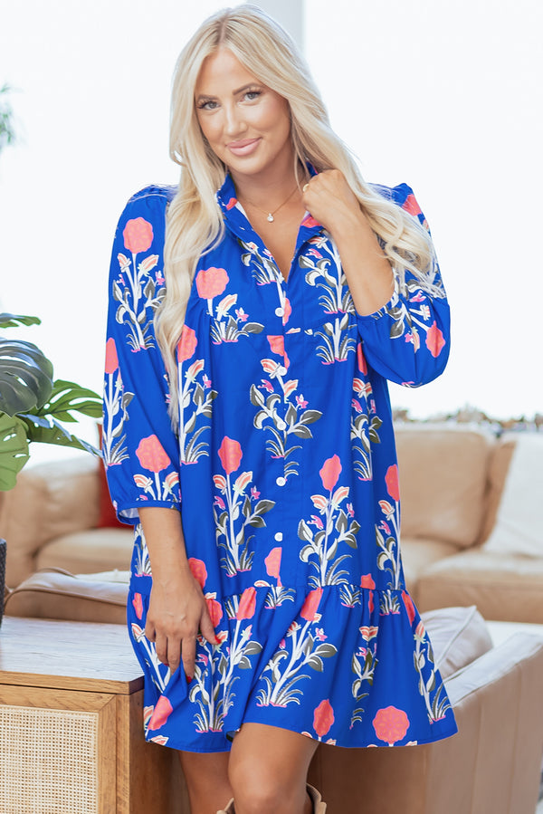 Robe femme floral, à volants, boutonnée, manches bouffantes — bleu