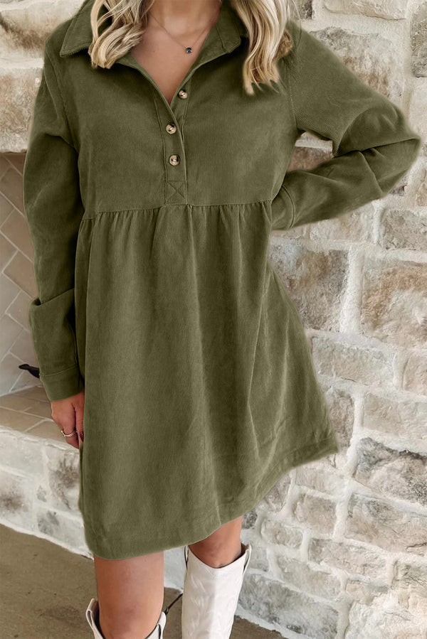 Robe courte femme boutonnée, demi-boutonnage, manches longues — vert
