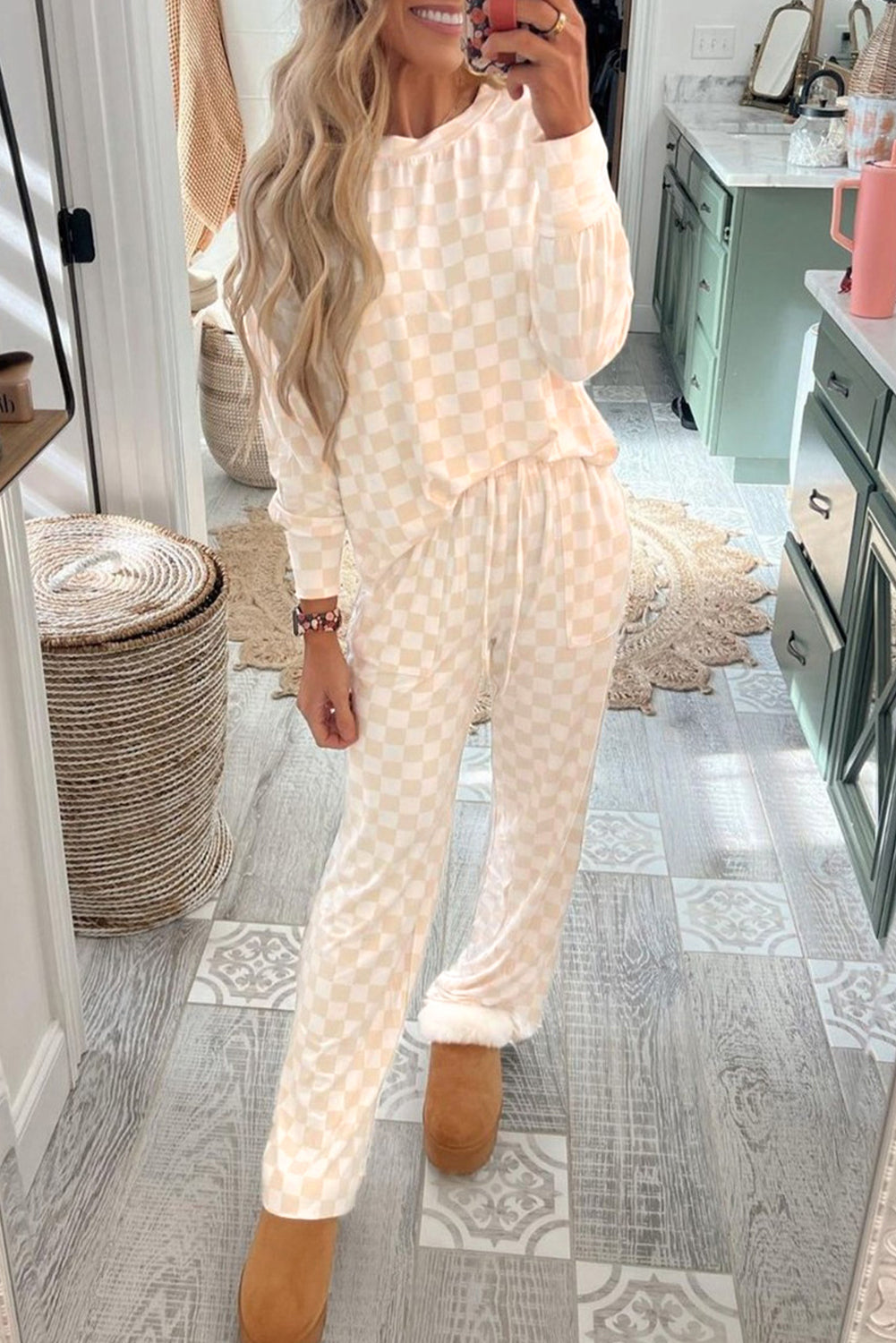 Pantalon femme à carreaux, manches longues — beige