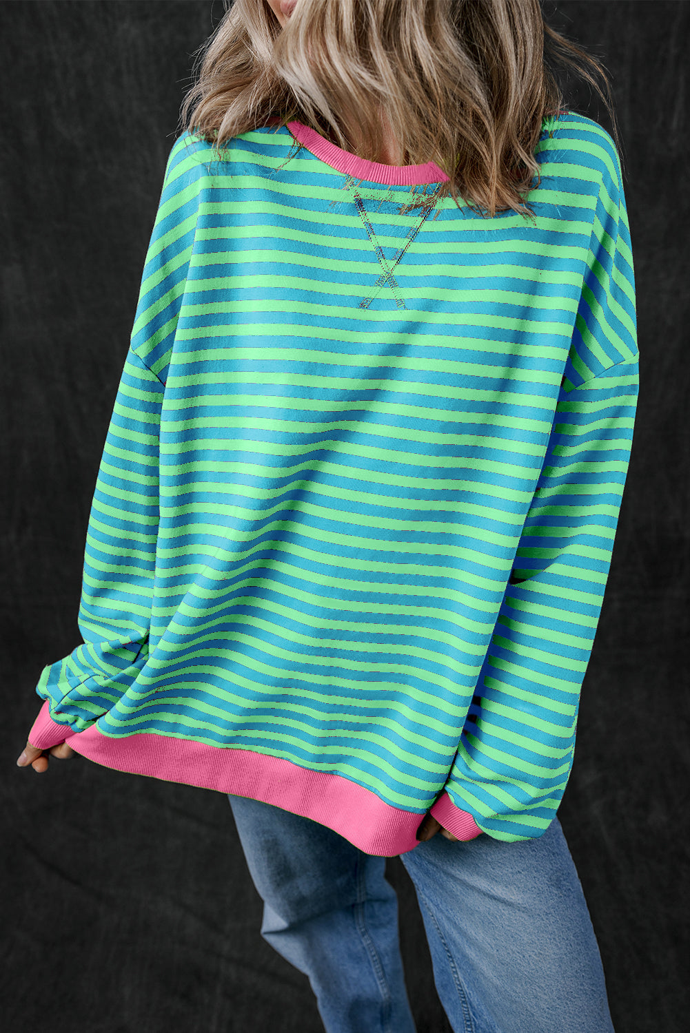 Sweat femme rayé, oversized, bordure contrastée — bleu ciel