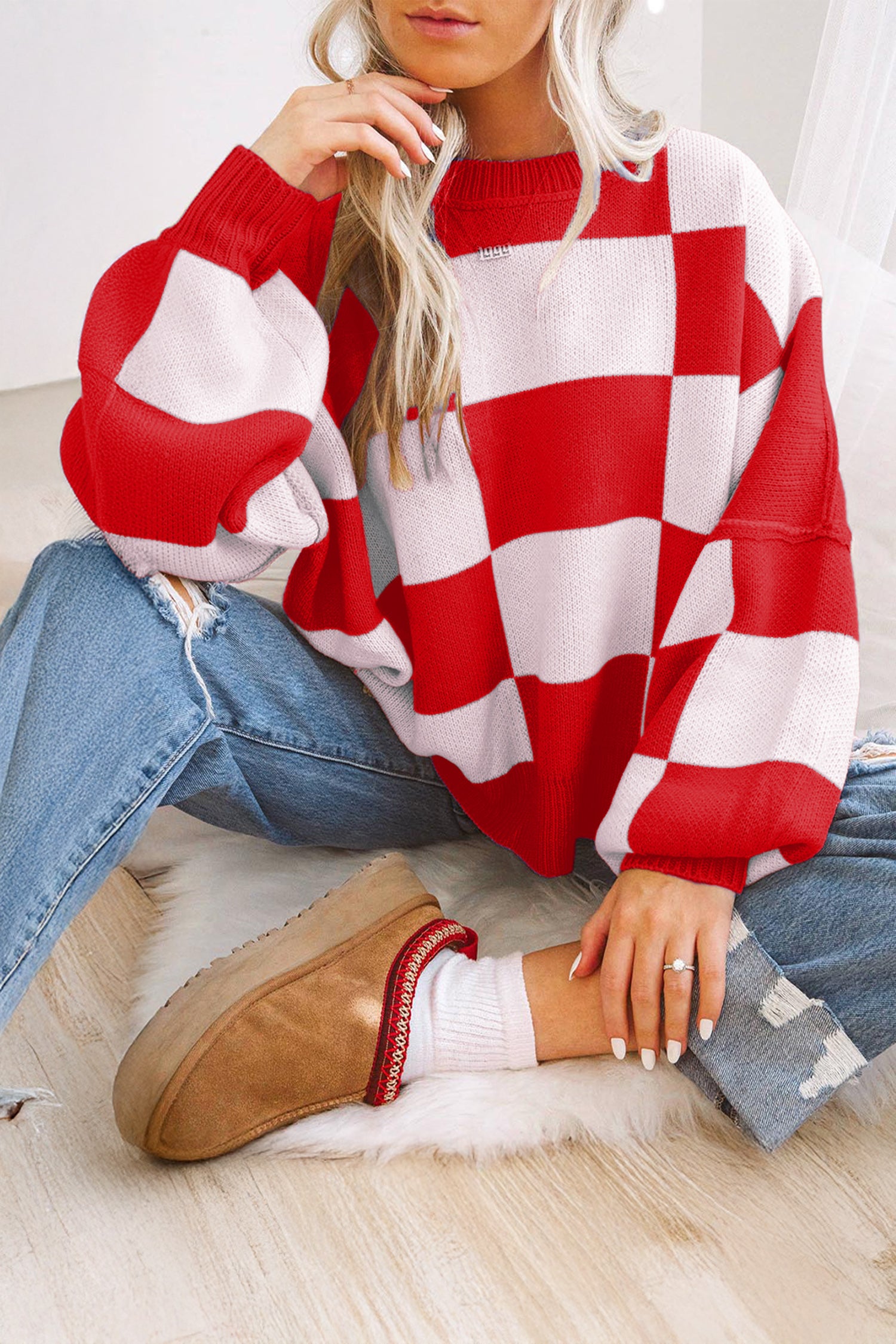 Pull femme à carreaux — rouge feu