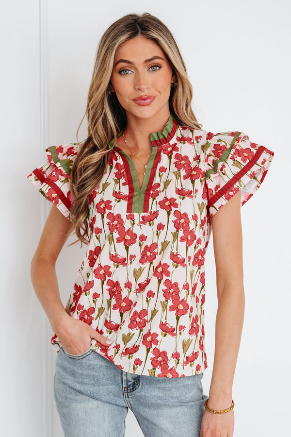 Blouse femme floral, à volants, manches courtes, col V, bordure contrastée — rouge