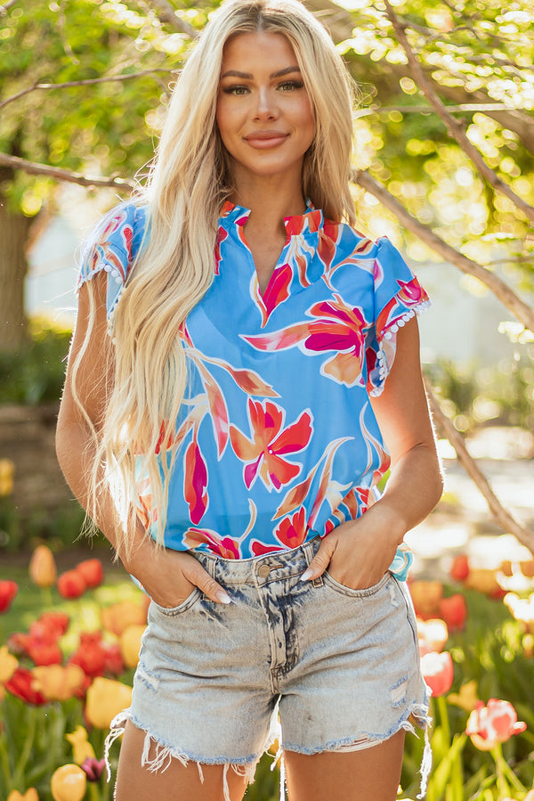 Blouse femme floral, col V — bleu ciel