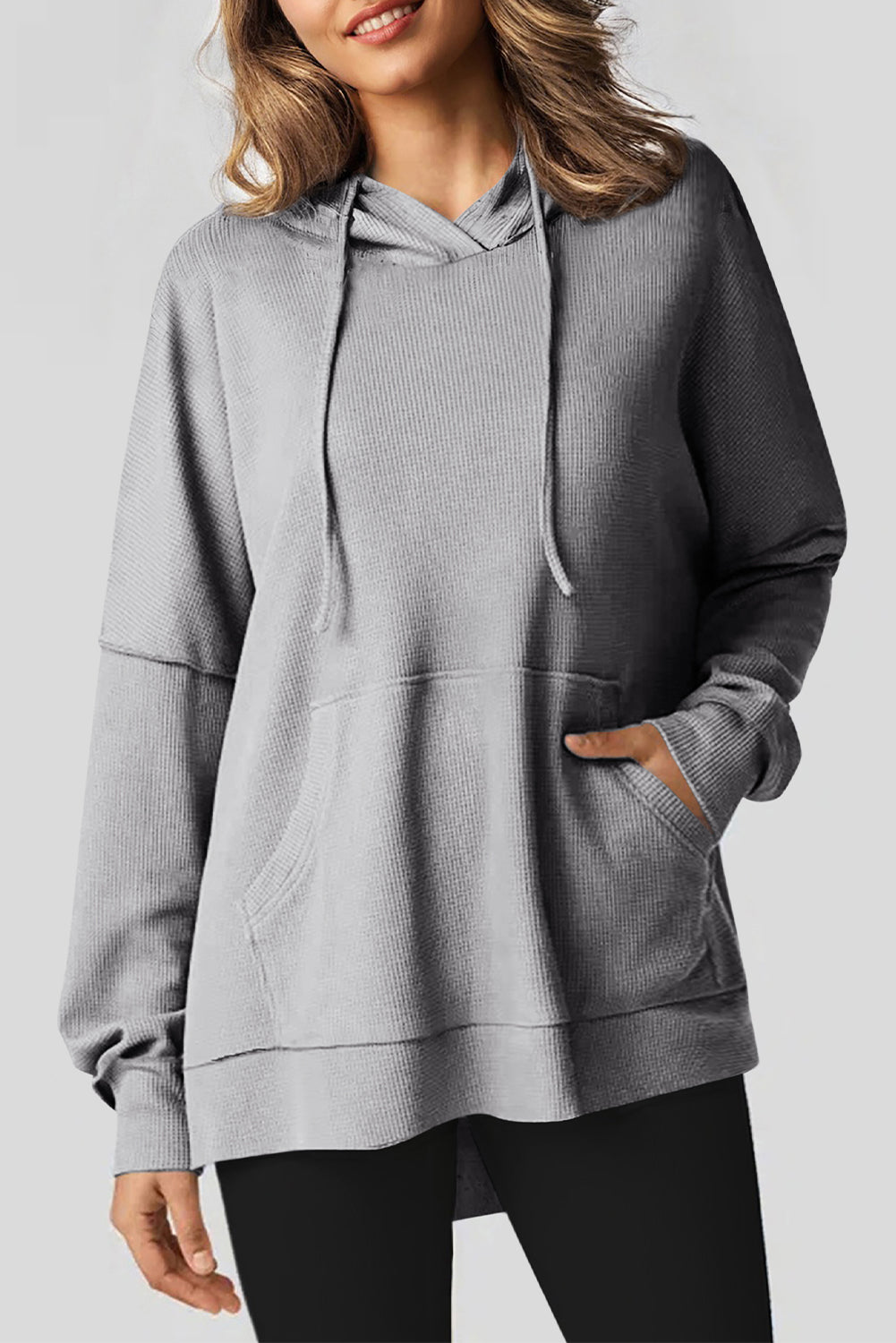 Gray Waffle Knit Fleece Lined High Low Oversized Hoodie femme
