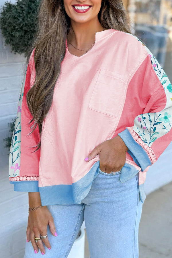 Haut femme floral, patchwork, poches, manches longues, colorblock — rose clair