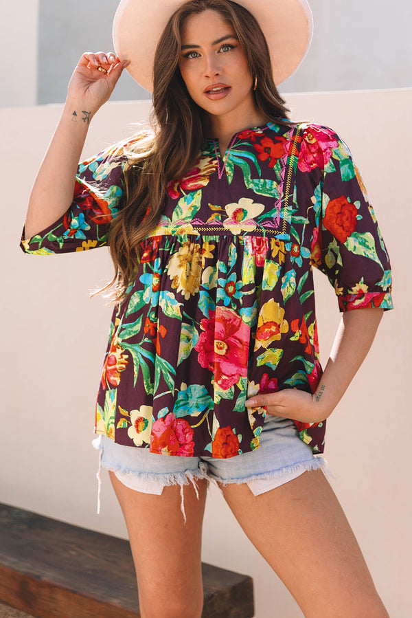Blouse femme brodé, manches 3/4 — violet