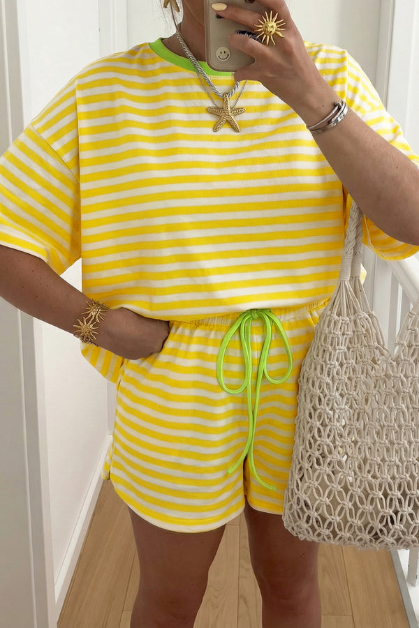 Short femme rayé, à cordon, ample — jaune