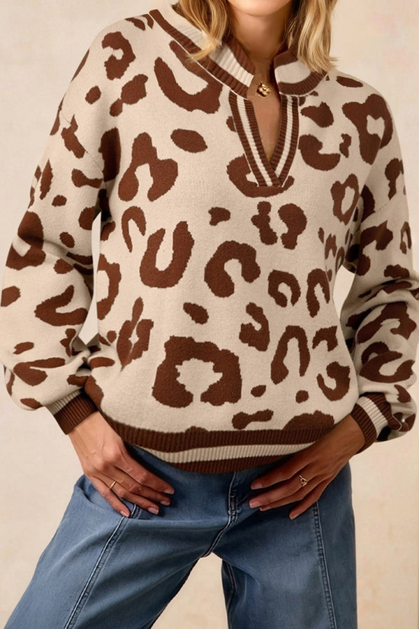 Pull femme léopard, en maille, col V, casual — beige