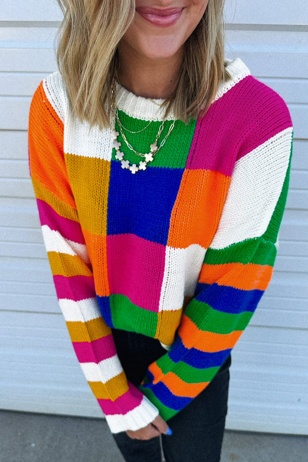 Pull femme à carreaux, col rond, ample, colorblock — orange · LC2725295-P1422 · LC2725295-P1422-L
