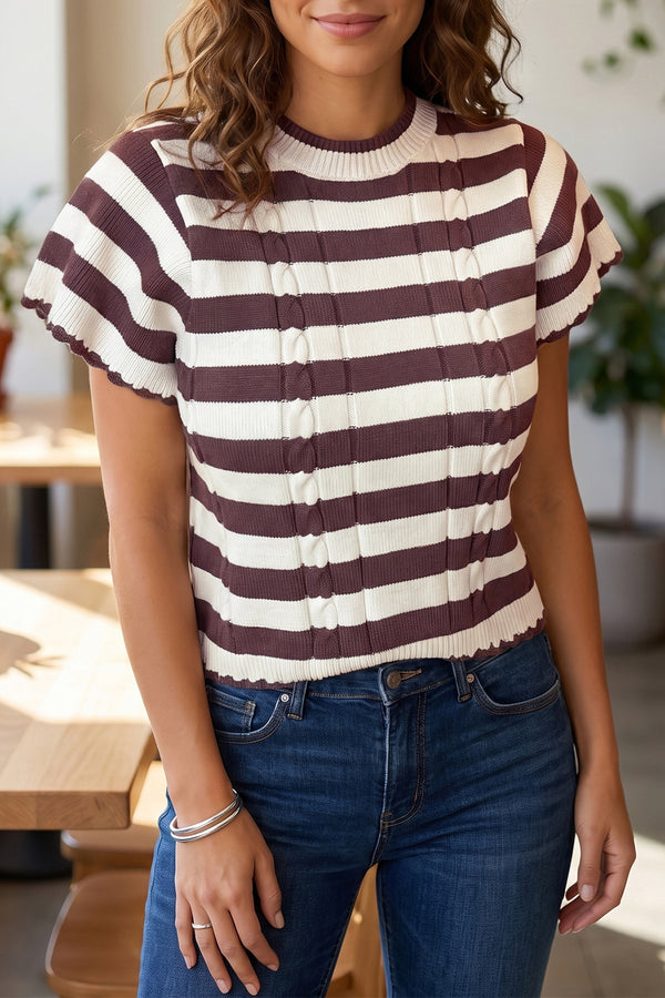Pull femme rayé, en maille, manches courtes, côtelé — marron