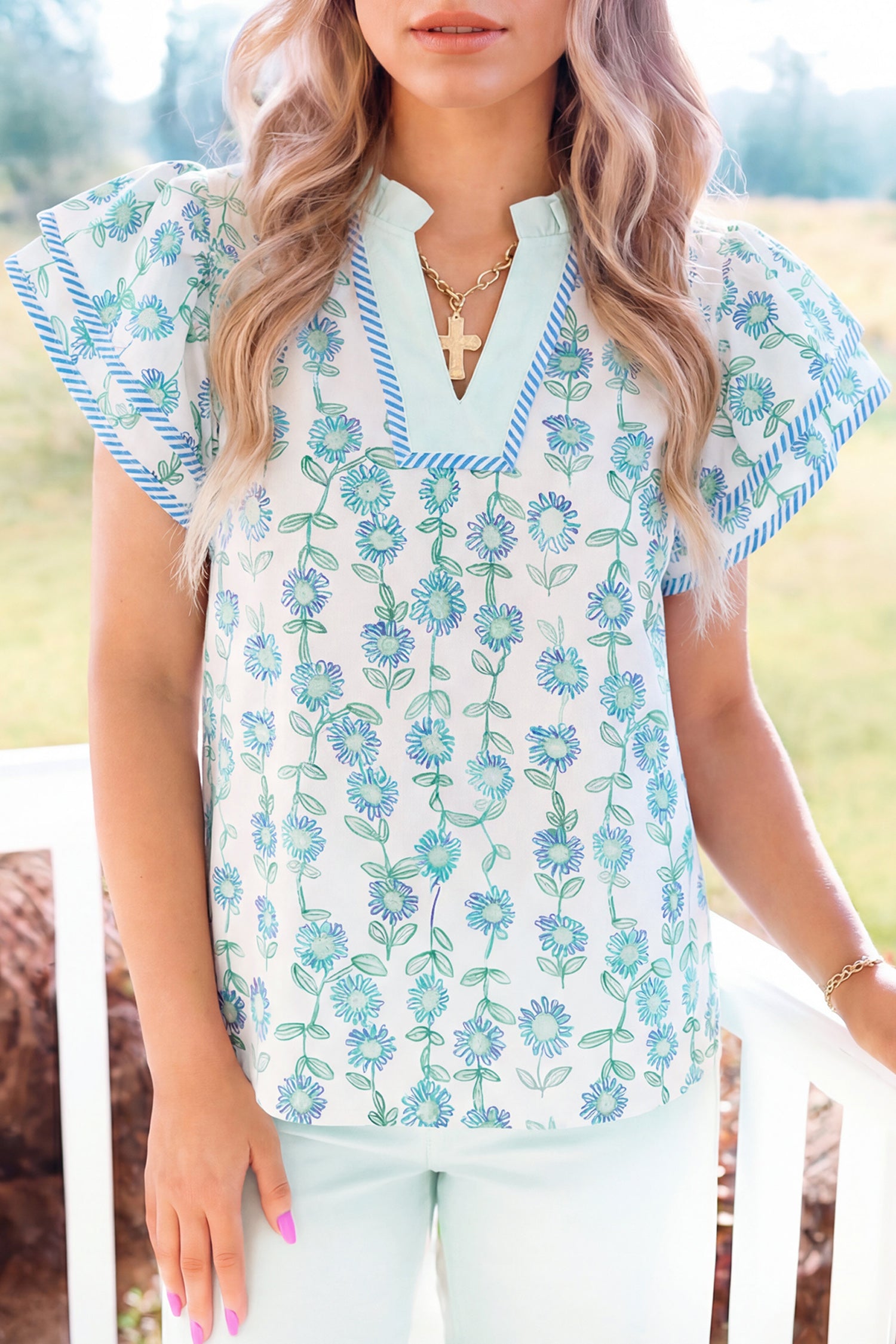 Blouse femme floral, rayé, patchwork, col V — vert