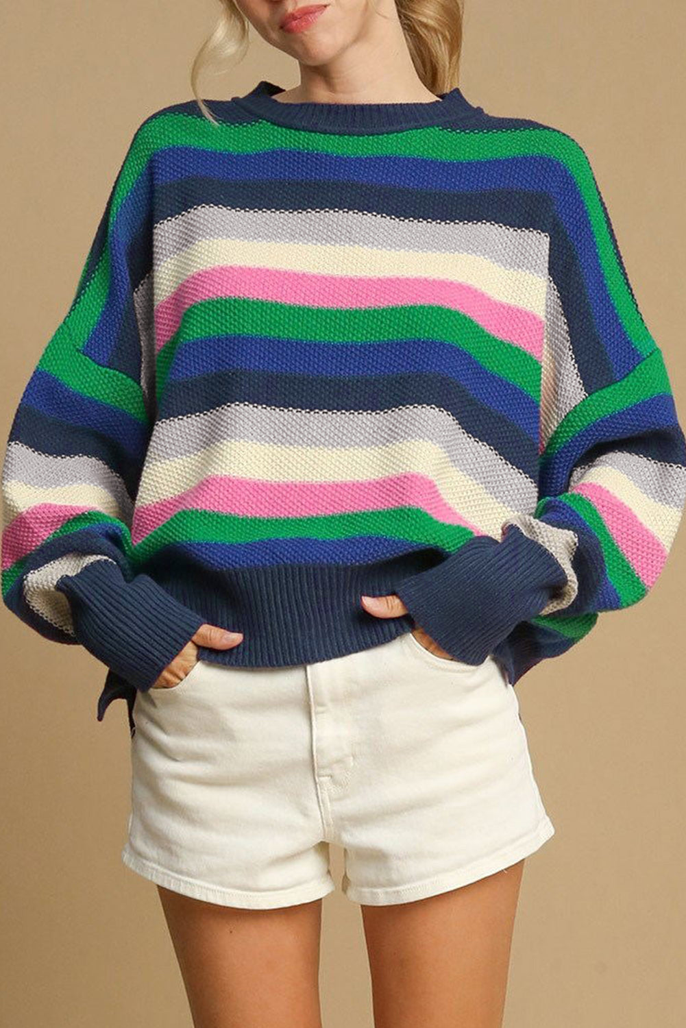 Pull femme rayé, épaules tombantes, col rond — vert