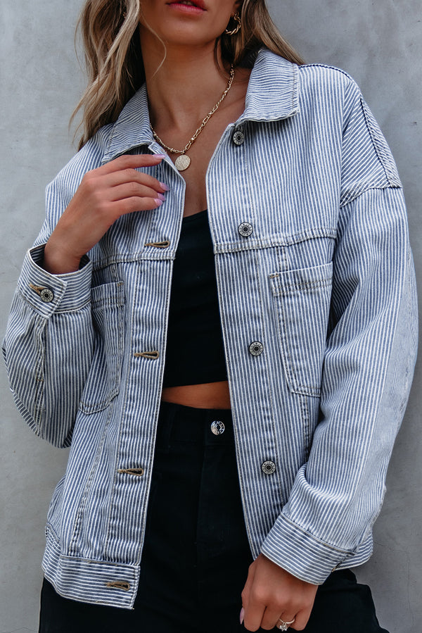 Veste femme rayé, poches, denim — bleu ciel