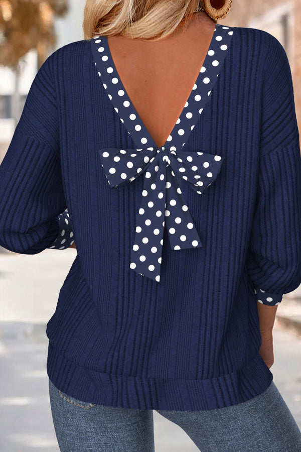 Haut femme pois, col V, côtelé — bleu