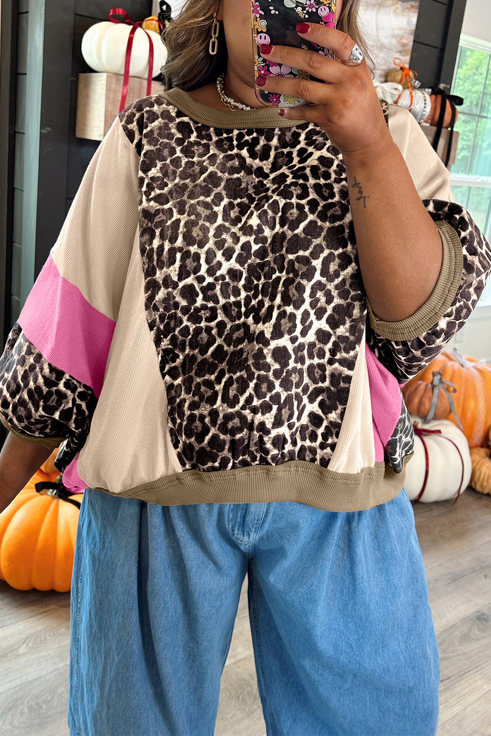 Haut femme léopard, patchwork, ample, colorblock — marron