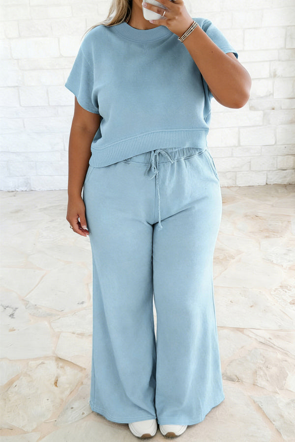 Ensemble femme à cordon, manches courtes, ample, uni, côtelé — bleu