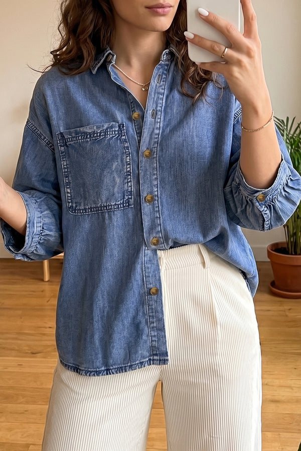Chemise femme boutonnée, ample, denim — bleu
