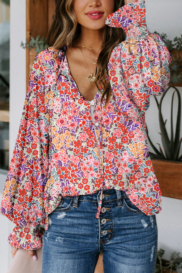 Blouse femme floral, smocké — rouge feu