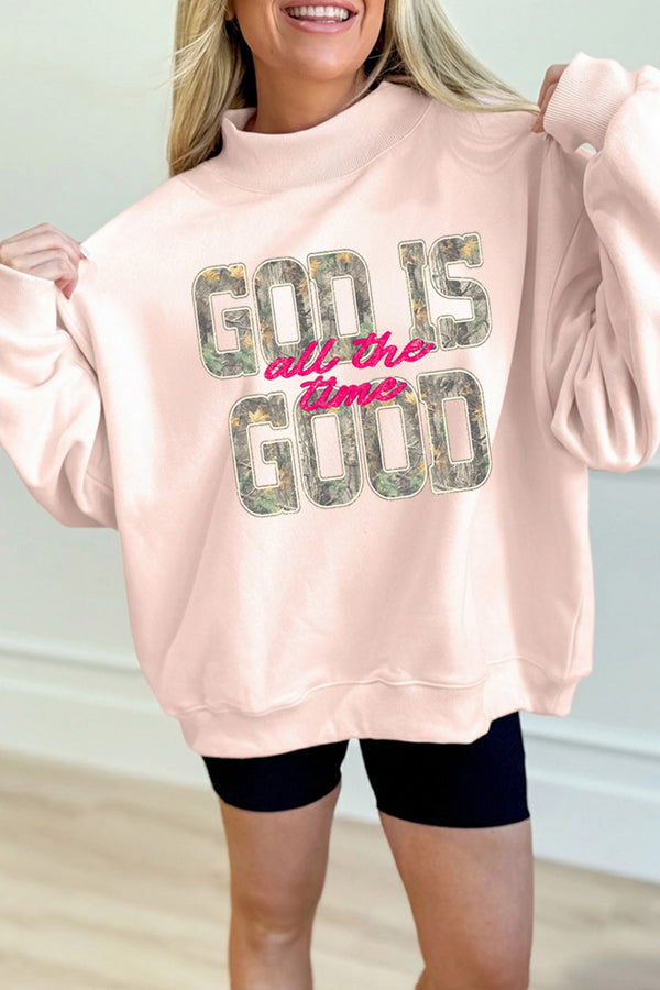 Sweat femme graphique, camouflage, col montant — abricot