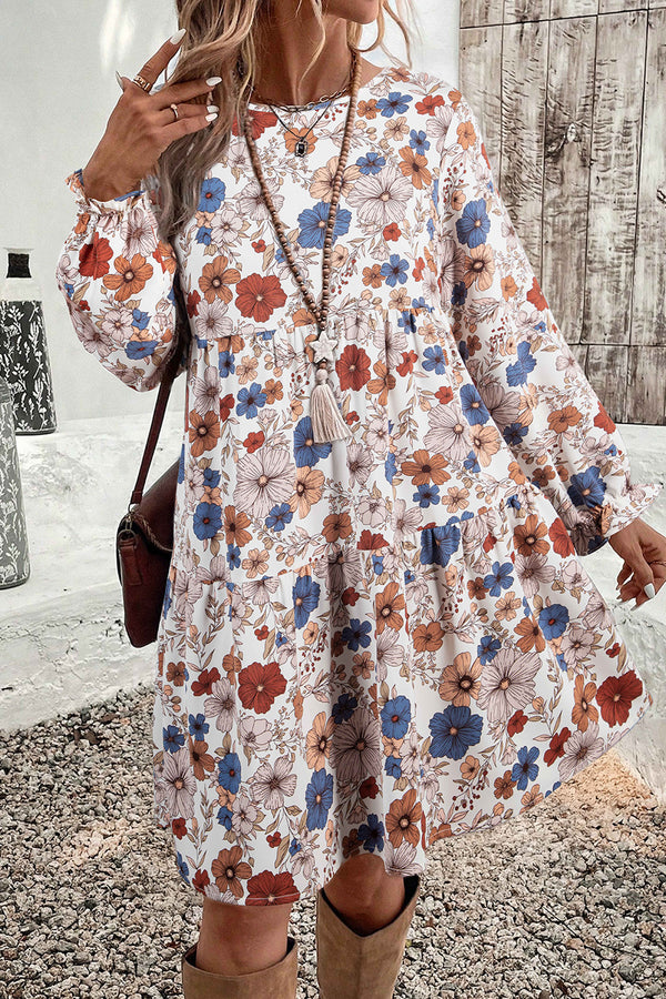 Robe femme floral, à volants, à étages, manches longues, col rond — kaki