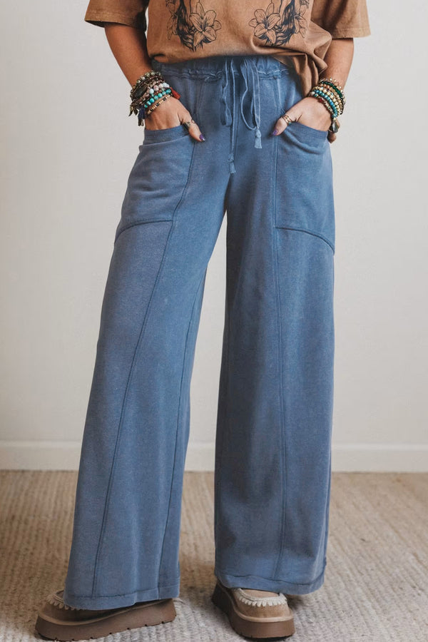Pantalon femme à cordon, taille haute, jambe large — bleu