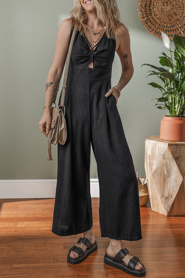 Combinaison femme smocké, sans manches, jambe large — noir