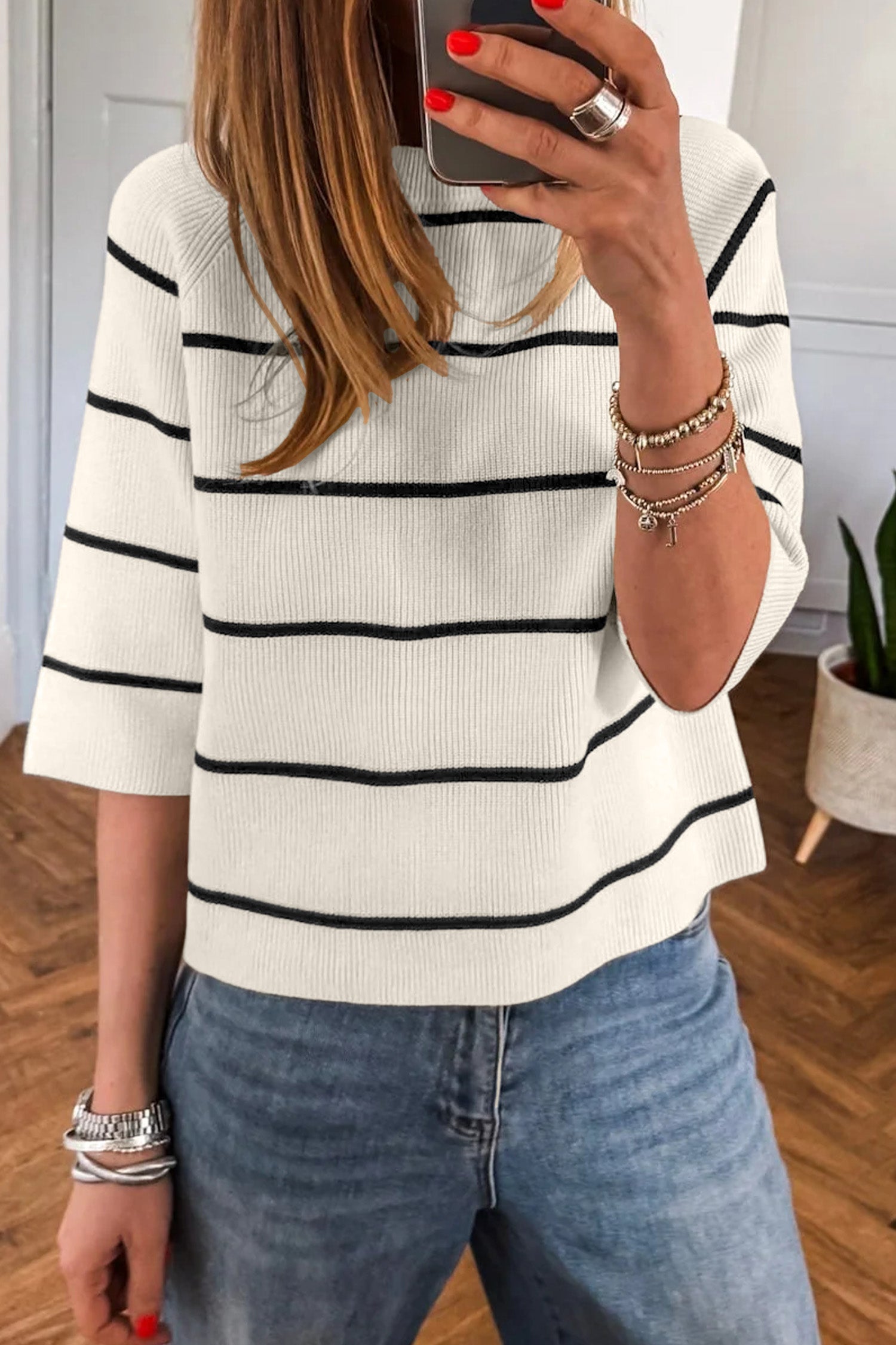 Pull femme rayé, en maille, manches 3/4, ample, côtelé — blanc