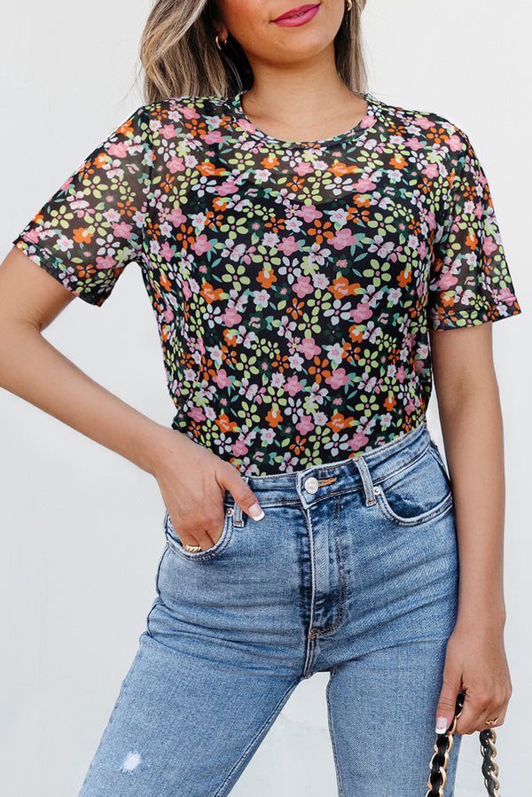 T-shirt femme floral, transparent, col rond — noir