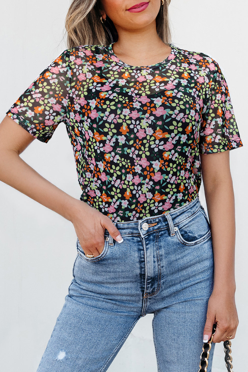 T-shirt femme floral, transparent, col rond — noir