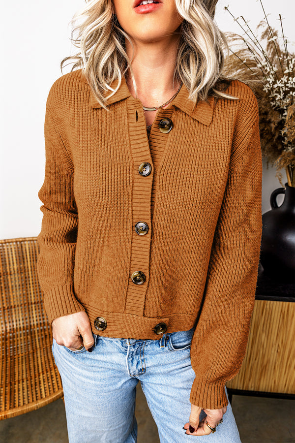 Cardigan femme en maille, boutonnée, manches longues, côtelé