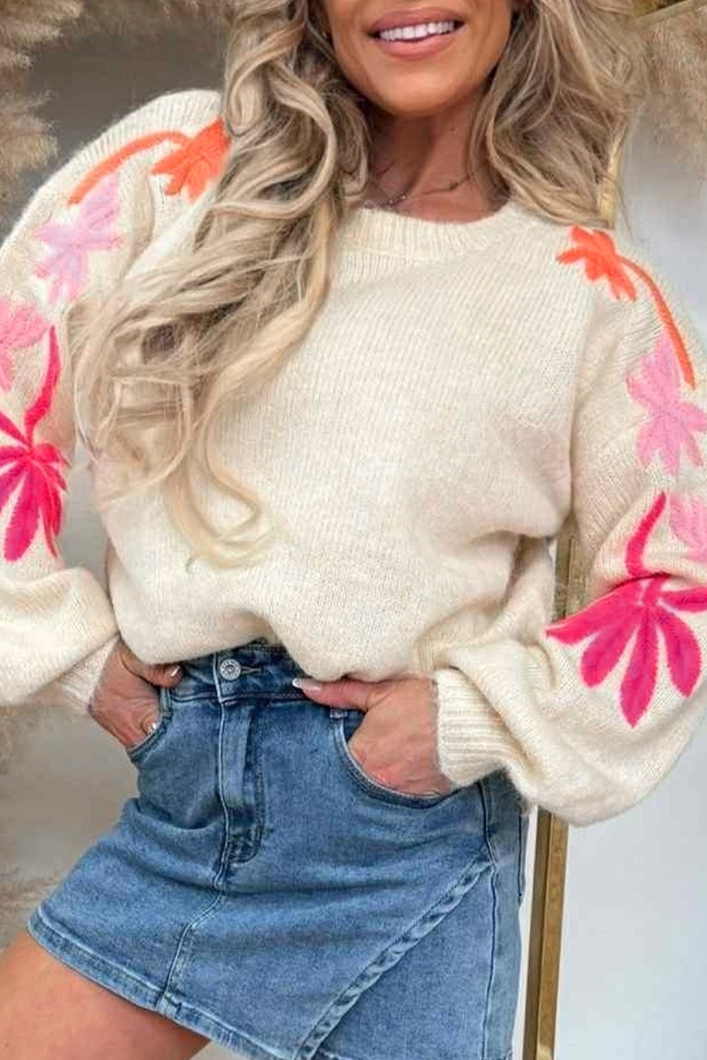 Pull femme floral, brodé, col rond, ample — beige