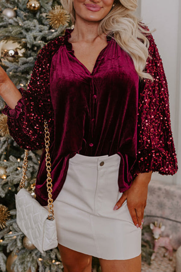 Haut femme patchwork, paillettes, velours, boutonnée — rouge