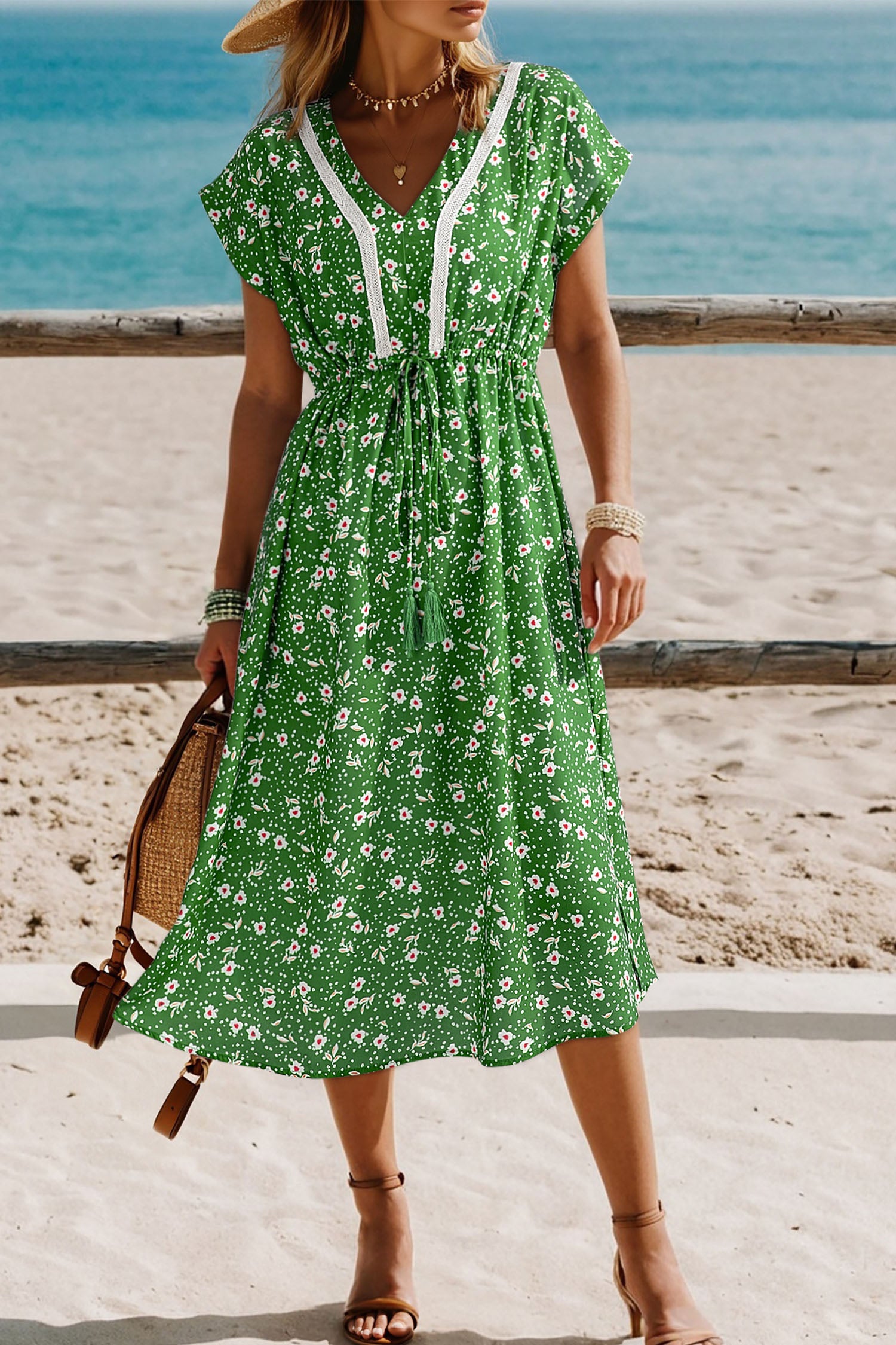 Robe femme brodé, à cordon, col V, taille haute, ample — vert