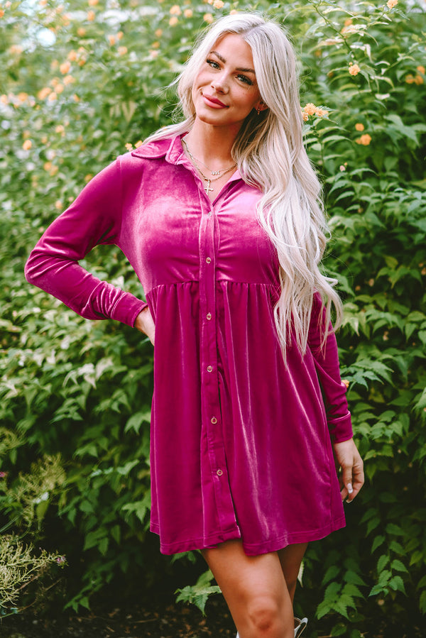 Robe femme velours, à volants, boutonnée, manches longues