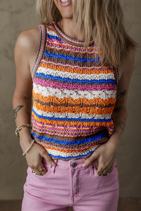 Pull femme rayé, en maille, col rond — bleu foncé