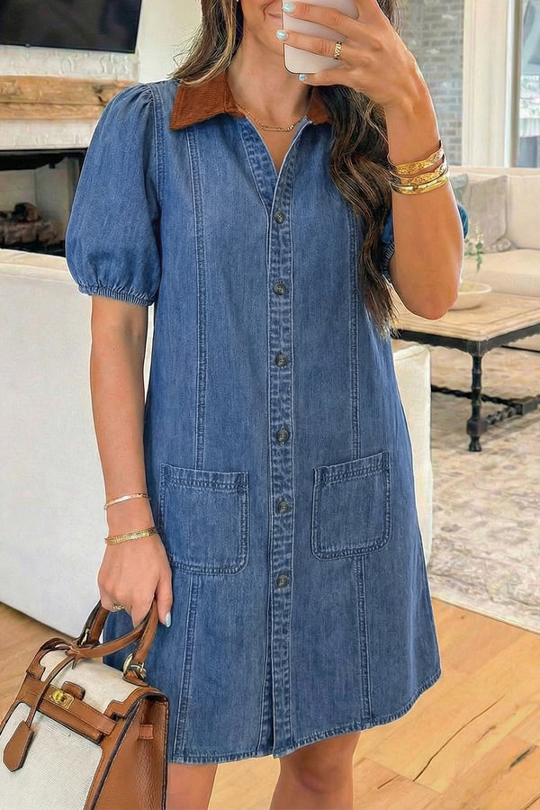 Robe courte femme patchwork, manches bouffantes, denim, colorblock — bleu