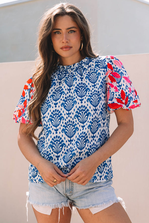 Blouse femme floral, manches bouffantes — bleu