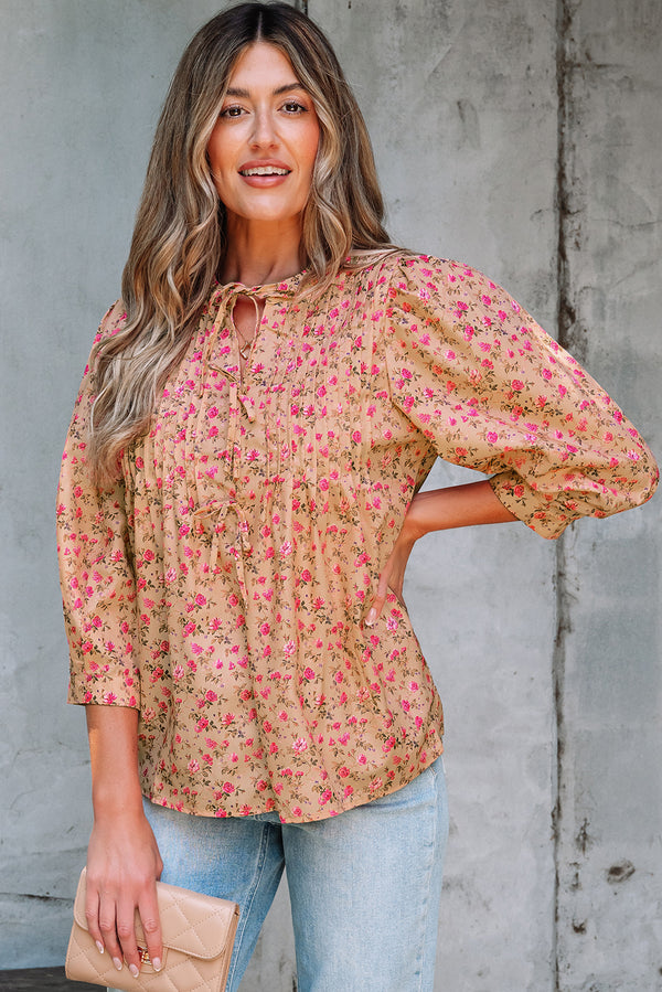 Blouse femme floral, manches bouffantes — beige