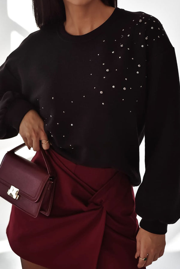 Sweat femme strass, épaules tombantes, côtelé — noir