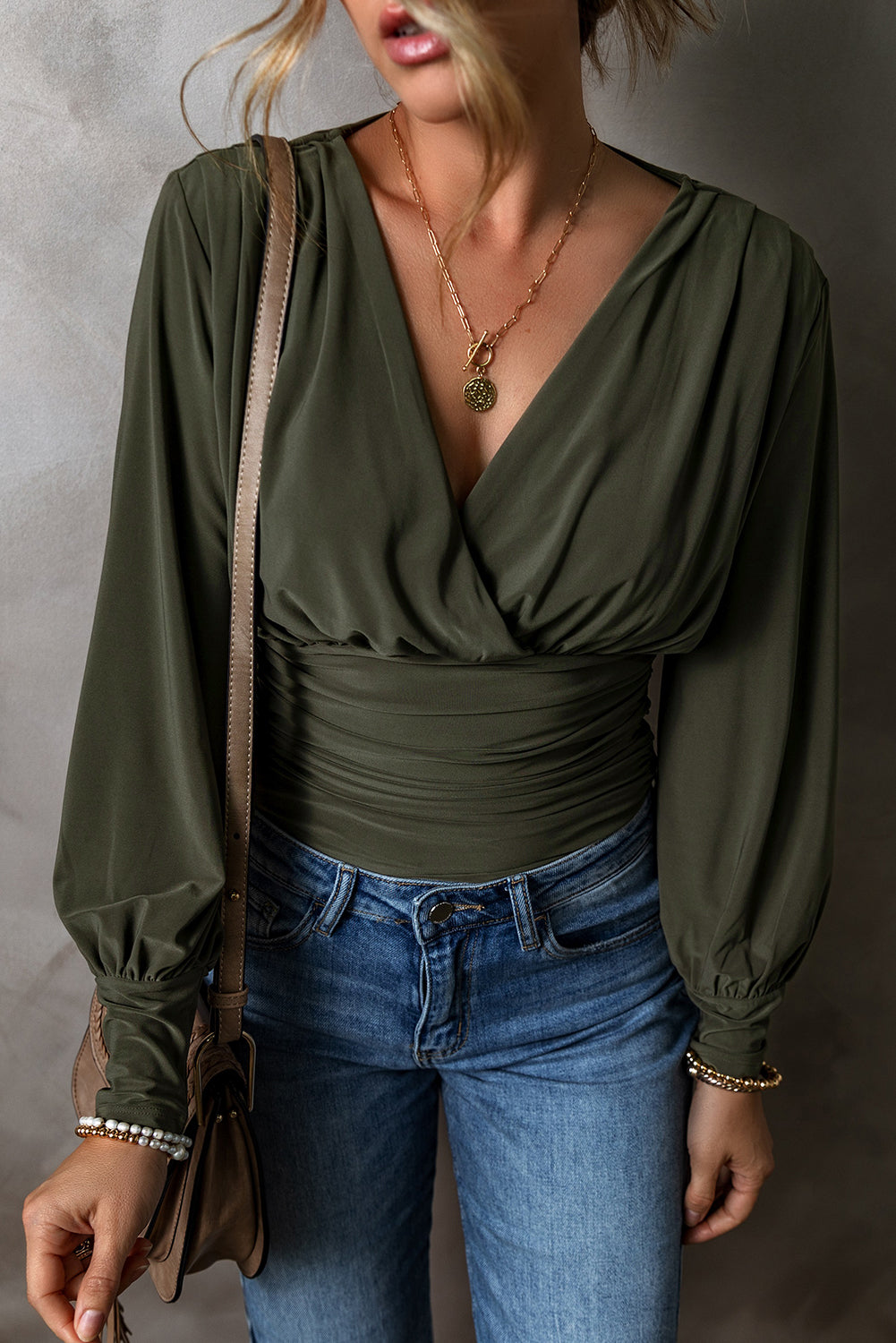 Pièce mode femme manches longues, col V — vert
