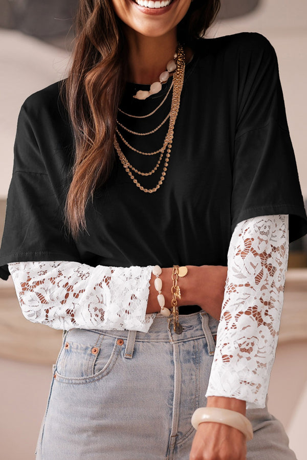T-shirt femme manches longues, épaules tombantes — noir